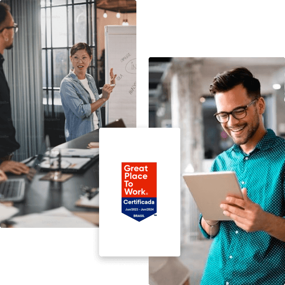 Ilustrações de profissionais e selo GPTW